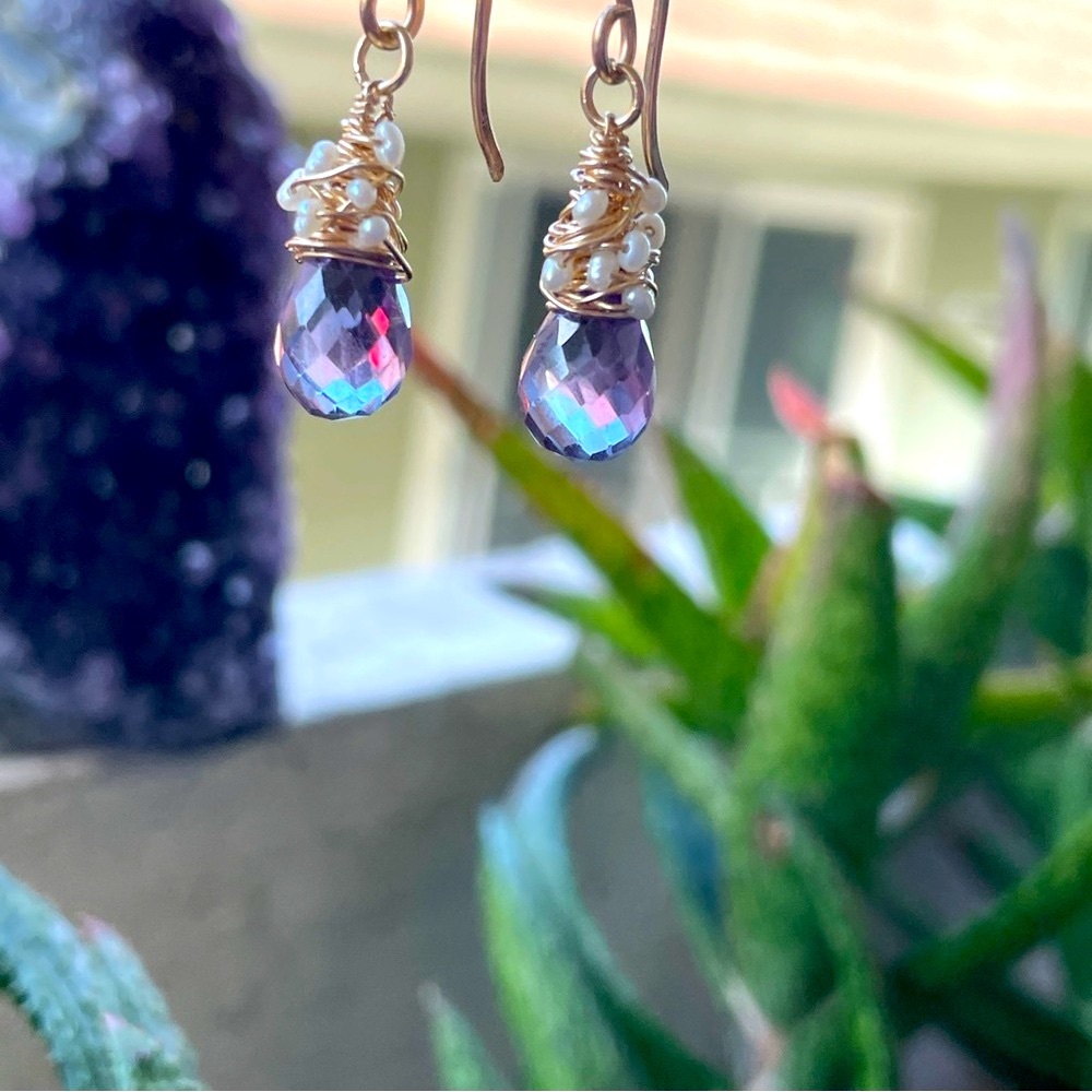 Alexandrite Crystals And Pearls Artisan Earrings 14K Gold Filled - Picture 6 of 16